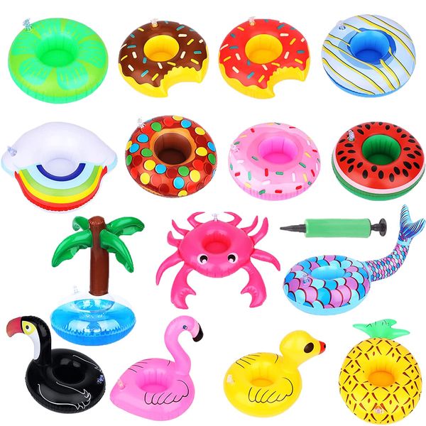 WAIZHIUA 15Pcs Inflatable Drink Holder, Cute Inflatable Cup Holder Set Pool Drink Floats Accessories with Air Pump for Pool Party Hot Tub Bathing