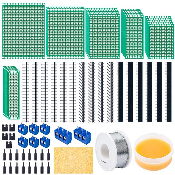 Miuzei PCB Board Prototype Kit for Electronic Projects, Circuit Solder Double-Side Board with 40 Pin 2.54 mm Male to Female Headers Connector, 2P&3P Screw Terminal Block, Solder Flux, Solder Wire