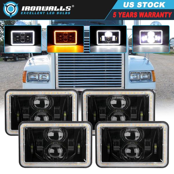 4PCS 4x6" Rectangular LED Headlight With Angel Eyes For Freightliner Fld 120 112