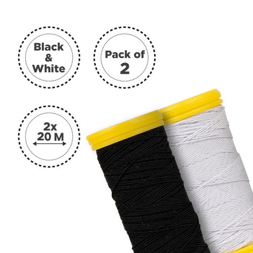 Shirring Elastic for Sewing, Elastic Thread, Shearing Elastic, Black and White (Set of 2 x 20m)
