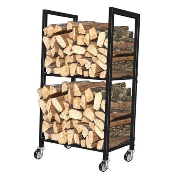 Firewood Rack Indoor Fireplace Log Holder with Wheels, 2 Tier Fire Wood 2-TIER