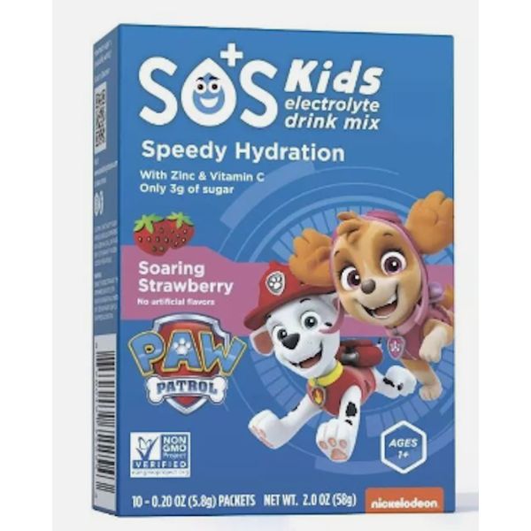 SOS Kids Electrolyte Drink Mix STRAWBERRY 10-Packets Speedy Hydration BB 2/2025
