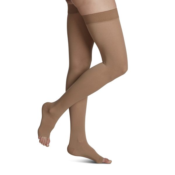 SIGVARIS Women’s Essential Opaque 860 Open Toe Thigh-Highs w/Grip Top 30-40mmHg - Small Short - crispa