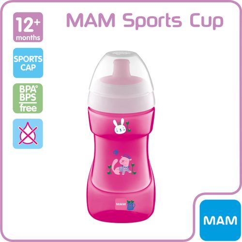 MAM Sports Cup, 330 ml, Trendy Non-Spill Cup for 12+ months, Baby Cup Bottle with Free Flow Spout, Toddler Cup, Pink (Designs may vary)