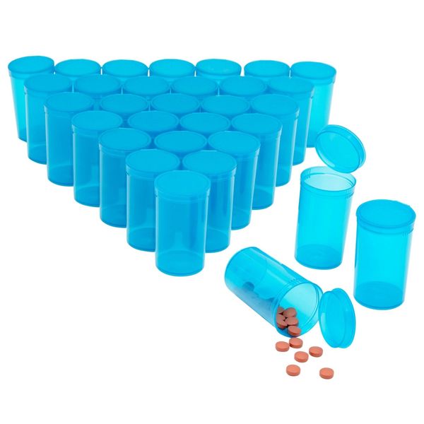 30 Pack Empty Bottles with Pop Top Caps, 19 Dram Medicine Containers (Blue)