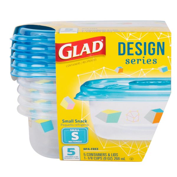 GladWare Design Series Food Storage Containers 9 Oz, 5 Ct | Small Snack Containers for Snacks & Small Meals, Food Storage from Glad | Glad Plastic Food Containers with Lids, Plastic Food Storage