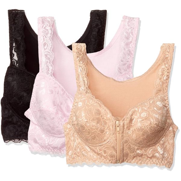 Air Fit Front Open Lace Bra, 3 Color Set, Black, Beige, Pink, 3L-4L