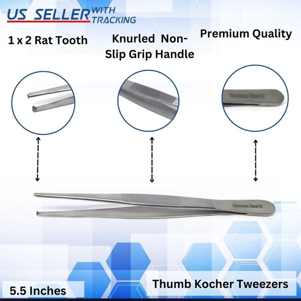 Surgical Kocher Tweezer Tissue Thumb Forceps 1X2 Teeth Dissecting Dressing 5.5"