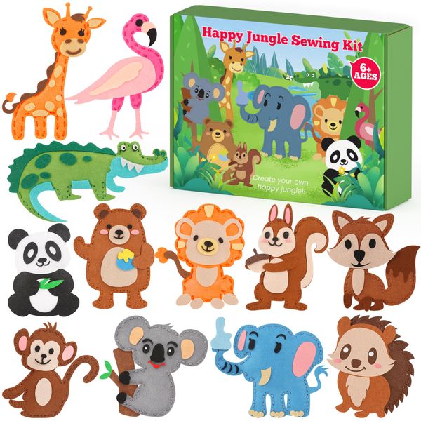 YEETIN Sewing Kit for Kids Ages 6+, Beginner Felt Sewing Craft Kit, DIY Jungle Stuffed Animals Making Set, Learn to Sew Gifts for Birthday