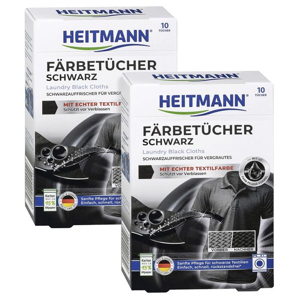 Heitmann Wäsche Schwarz Tücher (10 Tücher, Schwarz), 2er Pack: Färbetücher zur Farbpflege für schwarze Textilien - Farb-Erhalt beim Waschen, Rückstandsfreie Pflege gegen Verblassungen