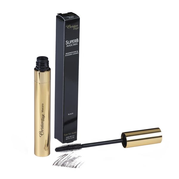 Mascara SuperB Christian Faye, schwarz, geeignet für Wimpernverlängerungen, wasserlöslich, elegante Mascara mit Silikonbürste, maximale Länge und Volumen perfekter 24-Stunden-Halt ohne zu verschmieren