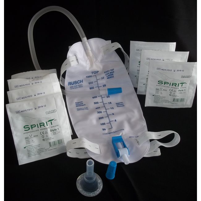 Complete Kit Urinary Incontinence One-Week, 7-Condom Catheters Self-Seal External 29mm (Medium), Premium Leg Bag 1000ml Tubing, Straps & Fast and Easy Draining.