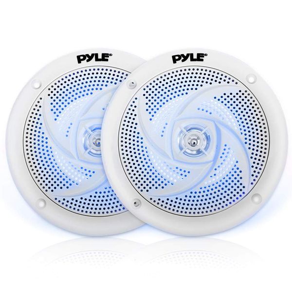 Pyle Low-Profile Waterproof Marine Speakers - 240W 6.5 Inch 2 Way 1 Pair Slim Style Waterproof Weather Resistant Outdoor Audio Stereo Sound System w/ Blue Illuminating LED Lights - Pyle (White)