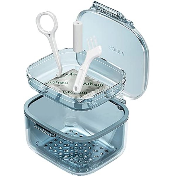 Retainer Case, Retainer Cleaner Case, Unique Denture Bath with Drain Tray, Suitable for Dentures, Denture Bridges, Partial Dentures, Traditional Braces, Etc. (Blue)