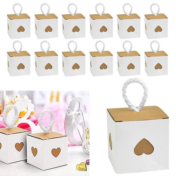 DIKEBAO 30 Pcs Candy Gift Boxes Small White & Brown Heart Gift Boxes Vintage Paper Treat Boxes Wedding Favour Paper Candy Kraft Boxes for Anniversary Birthday Party Bridal Baby Shower, 5.5x5.5x5.5cm