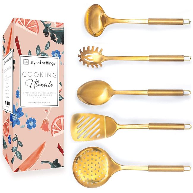 Brass/Gold Cooking Utensils Set for Modern Cooking and Serving - 5 PC  Dishwasher Safe Stainless Steel Gold Utensils Set - Serving Spoon, Ladle 