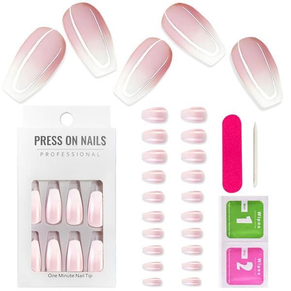 24 pezzi Rosa Unghie Finte Adesive Sfumate Medio Bara Ballerina French Press on Nails Acrilico Copertura Completa Stick sulle Unghie Artificiali Colorate Unghie Finte per Donne Ragazze Nail Art