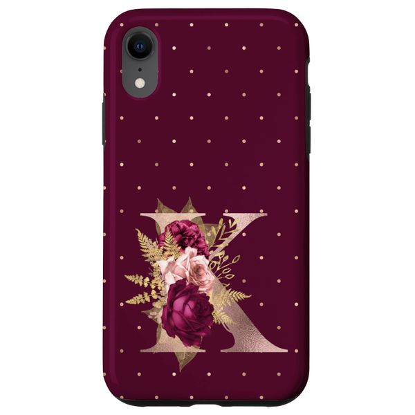 iPhone XR Maroon floral Initial Letter K monogram blush flowers Case