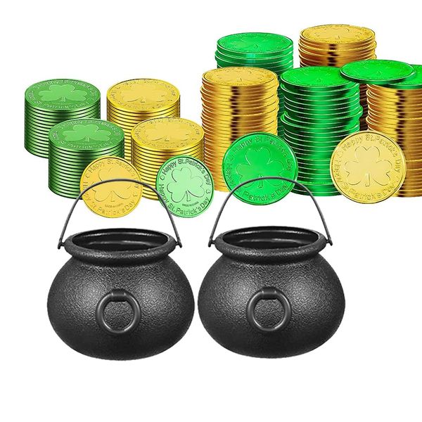 2 Pcs St. Patrick'S Day Party Schwarz Kessel Mit Griffen Hexenkessel Süßigkeiten Kessel,100 Stück St. Patrick's Day Kleeblatt Münzene für St. Patricks Day Mardi Gras Süßigkeiten Party Zubehör Dekor