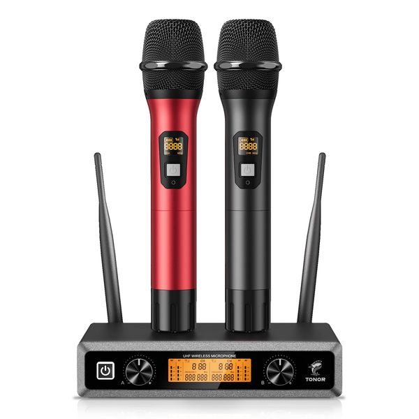 Wireless Microphone System, TONOR Professional Metal Cordless Karaoke Microphones, Handheld Dynamic Mic Set with Receiver for Party, Meeting, KTV, Church, DJ, Wedding, Singing, 200ft, TW820 Black &Red