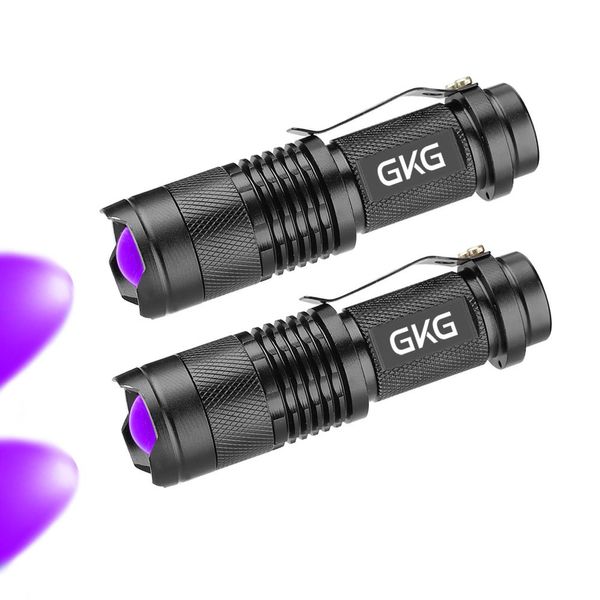 2Pack Flashlight Black Light Torch, GKG UV Flashlight With 3 Light Modes & Zoom Function, Rechargeable Mini Black Light Battery Powered for Pet Urine Detection, Smoke Detector and Germ Detecting