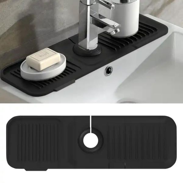 Silicone Sink Faucet Mat 45cm x 14cm Kitchen Sink Splash Guard Faucet Drip Catcher Tray Mat for Kitchen Splash Drying Countertop Sink Protectors Absorbent Mat, (Black)