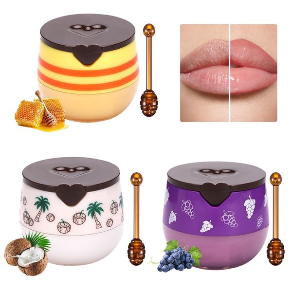 Leogony 3 Pcs Honey Lip Balm, 24h Moisturizing Wrinkle Repair Lip Honey Pot Lip Bee Balm Anti Chapped Lip Exfoliator (Honey Grape Coconut)