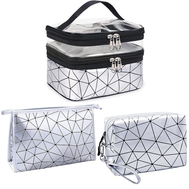 LEcylankEr Kosmetiktasche Doppellagige Transparent Kulturbeutel mit Groß Makeup-Bag und Schminktasche, 3 Stück Kosmetiktasche Set für Damen & Männer (Sillber)