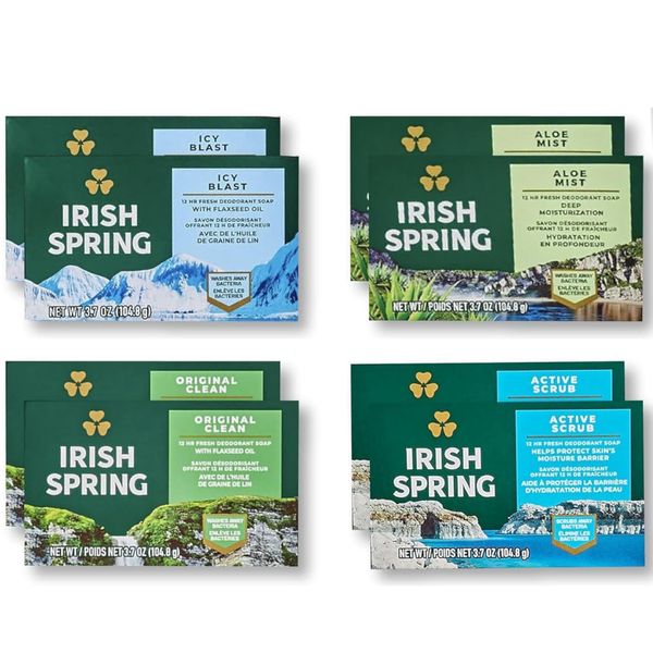 BASICOS Irish Spring Bar Soap for Men, Pack of 8 Men Soap Bars for Washing Hands and Body, Mild for Skin 3.7oz Each. 2 Original Clean 2 Icy Blast 2 Aloe Mist 2 Active Scrub, Bundled 1 Loofah Sponge