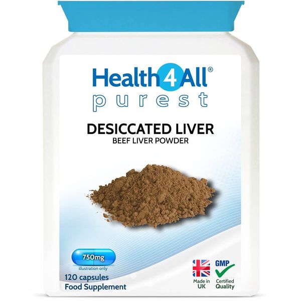 Health4All Desiccated Beef Liver 750mg 120 Capsules (V) (not Tablets) Purest - No additives. Non-defatted Natural Source of readily absorbable Vitamins and Minerals