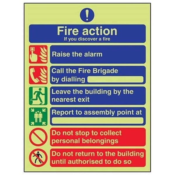 V Safety Glow In The Dark General 6 Message Fire Action Notice Sign - 150mm x 200mm - Self Adhesive Vinyl