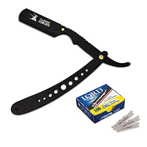 Classic Samurai New Ergonomic Design Stainless Steel Professional Folding Straight Edge Barber Razor Shavette Manual Shaver with 100 Lord Single Blades (Matte Black + 100 Lord Blades)
