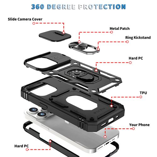 WMYUHAN for Apple iPhone 14 Pro Max Case Military Grade Drop Shock Protection Cell Phone Cover with Slide Camera Cover Built-in 360° Rotate Ring Stand for iPhone 14 Pro Max 6.7 - Black