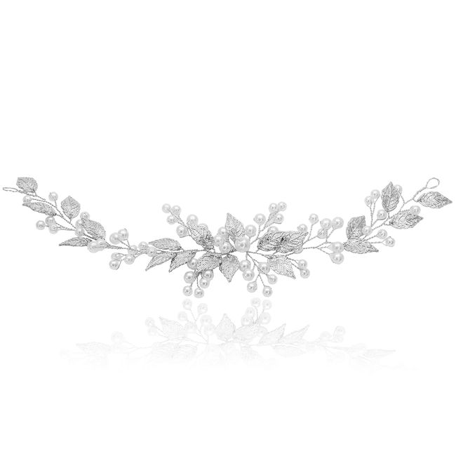 DADGAD Headdress Hair Ornament Hair Accessory Head Access Leaf Pearl Wedding Bridal Coming of Age of Age of Age of Age Western Dress (Silver) Silver