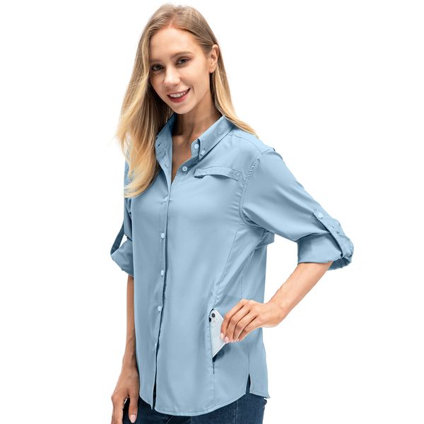 Women's Quick Dry Sun UV Protection Convertible Long Sleeve Shirts for Hiking Camping Fishing Sailing (5024 Light blue L)