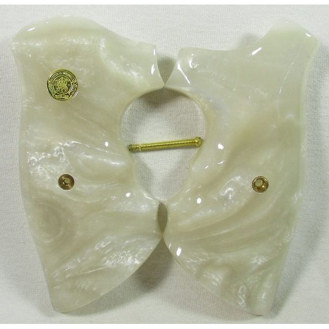 White Pearl Resin Grips with Gold Medallion for S &W Revolvers, K, L Frame, Square/Round Butt, New