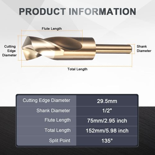 uxcell 29.5mm Drill Bit 1/2" Reduced Shank 3-Flat M2 High-Speed Steel Twist Gold Finish 135° Bits for Hard Metal Stainless Steel,1pcs