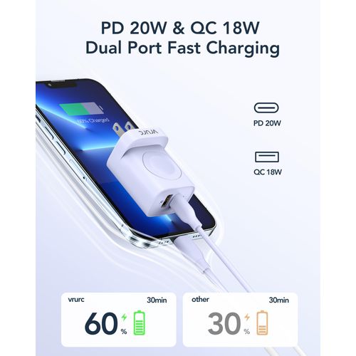 VRURC for Apple Watch Charger, 20W PD 3-in-1 Charger with Magnetic Wireless Charging and Dual Ports, Portable USB C Wall Charging Block Compatible with iPhone, Anfroid etc-Purple