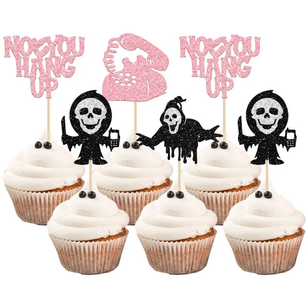 Gyufise 24Pcs Horror Movie Cupcake Toppers Glitter Telephone No You Hang Up Killer Birthday Cupcake Picks for Horror Movie Theme Birthday Halloween Party Cake Decorations Supplies