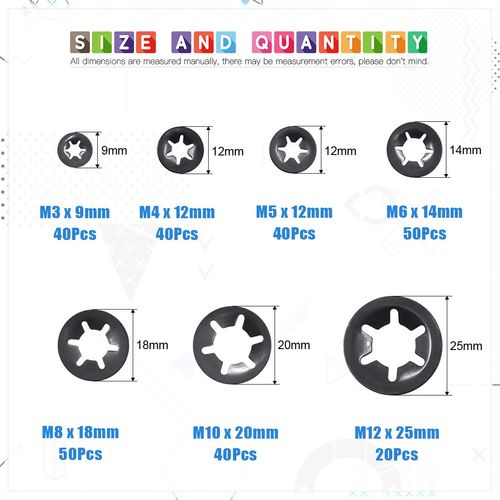 Glarks 280Pcs Internal Tooth Starlock Push On Locking Washers Speed Clips Fasteners Assortment Kit