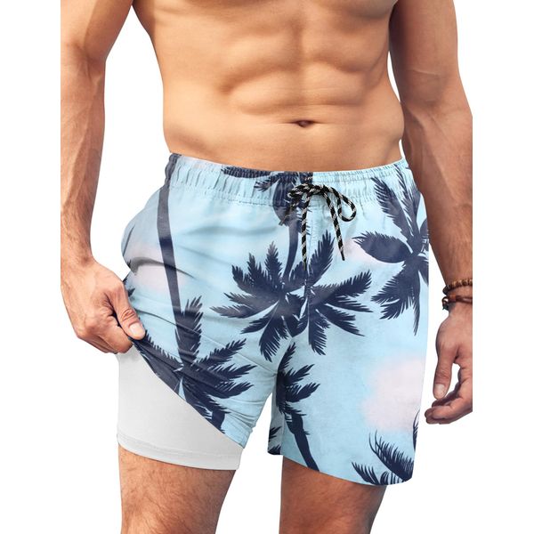 AI'MAGE Herren Badehose mit Kompression Badeshorts 2 in 1 Schnelltrocknend Schwimmhose Boardshorts mit Innenhose Sportshorts Palmen XXL