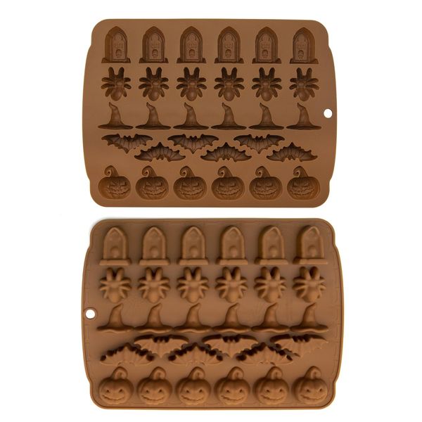 ALLY-MAGIC Halloween Silicone Mold, 30-Cavity Halloween Chocolate Mold Candy Mould Pumpkin Bat Witch Hat Spider Tombstone Shape Baking Molds for Chocolate Candy DIY Y6-WSRTMJ(Brown)