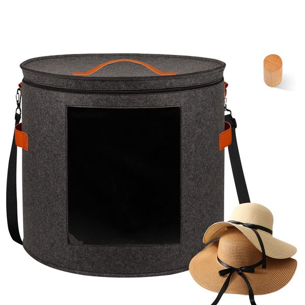 kushon Oversized Hat Storage Box for Women & Men，19" D x 17" H Cowboy Hat Boxes with 1 Wood Hook Felt travel Round Hat Organizer Box with Dustproof Lid