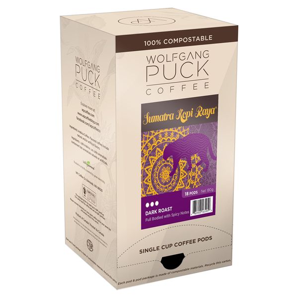 Wolfgang Puck Coffee, Sumatra Kopi Raya, Dark Roast, 9.5 Gram Pods, 18-Count (Pack of 3)