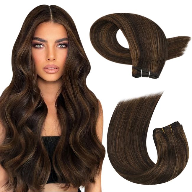 Moresoo Tressen Extensions Echthaar Dunkelbraun mit Hellbraun Extensions Echthaar Tressen zum Einnähen 16 Zoll 100 Gramm Weft Extensions Echthaar Farbe #P2/8 Seidig Gerade