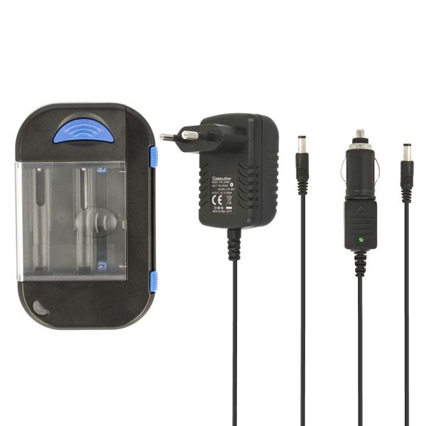 Universal Akku-Ladegerät kompatibel mit Li-Ion Smartphone, Kamera, Camcorder Akkus und NI-Mh Mignon AA, Micro AAA - inkl. 12V KFZ und 220V Netzteil