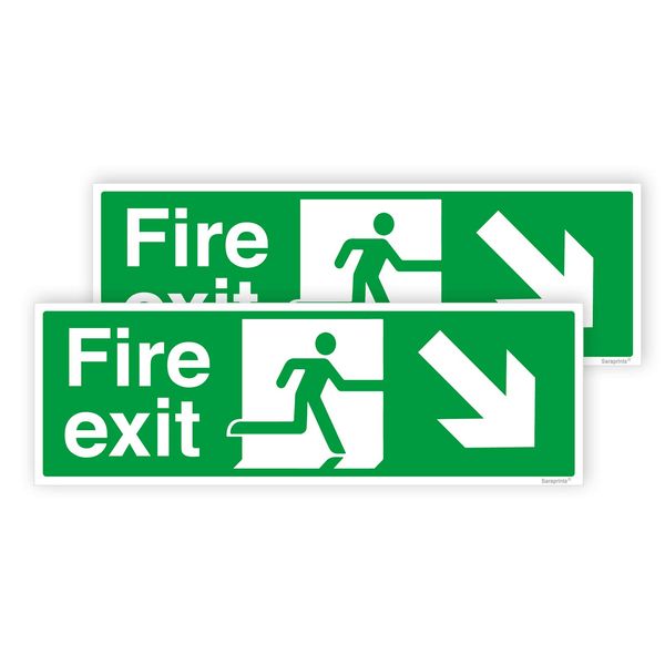 Pack of 2 Fire Exit Signs (300 x 100 mm) Waterproof Down Right Self Adhesive Fire Exit Sign Stickers Sara Prints®