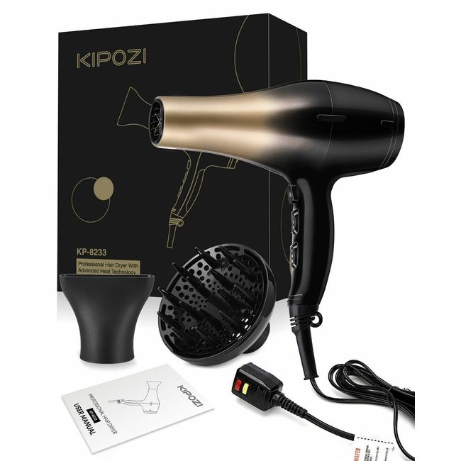 Kipozi Professional Hair Dryer w/ Advanced Heat Technology & Nozzle - Black/Gold
