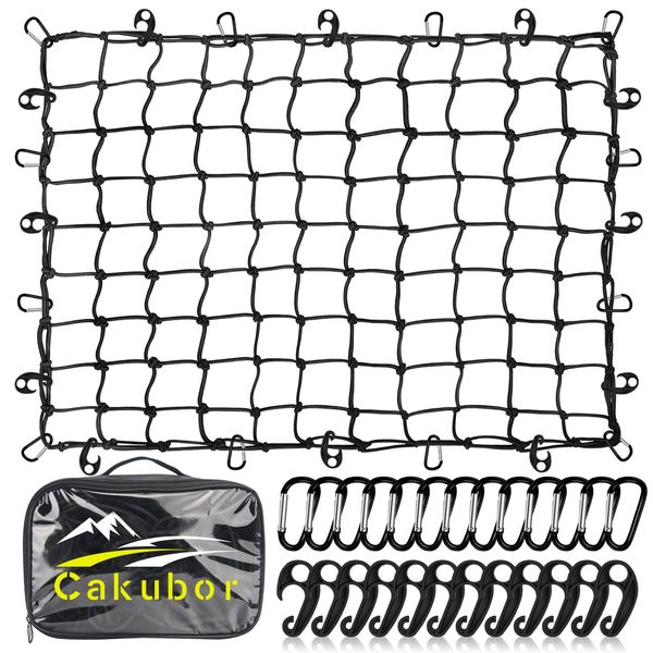 Cakubor Truck Bed Cargo Net, 3'x4' Stretches to 8'x10', for Pickup Truck Bed, 4"x4" Mesh Super Duty Bungee Cargo Net with 24 Pieces Universal Hooks