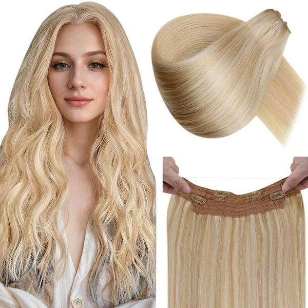 LaaVoo Extensions Echthaar mit Unsichtbarem Draht Blond Fish Line Extensions Echthaar Highlighted Goldbraun Hellblond Invisible Secret Wire Extensions Haarverlängerungen Echthaar 80g #P12/24 35cm